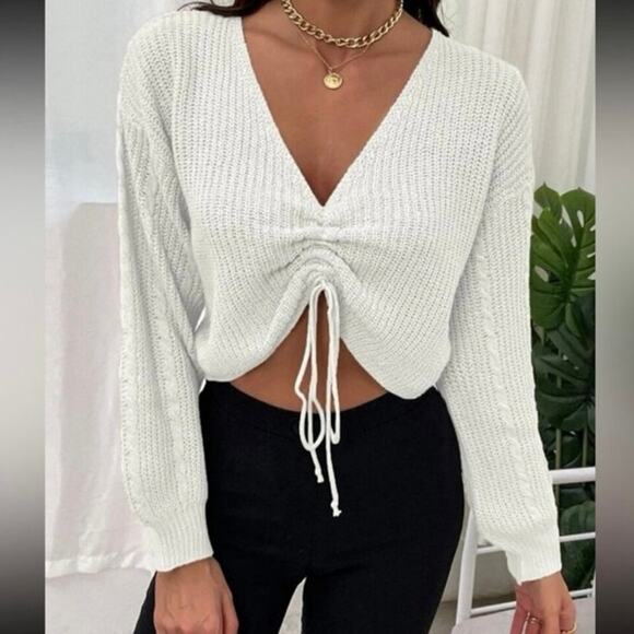 SHEIN White Knit Drawstring Crop Sweater V Neck Long Sleeve Pullover EUC Sz S - Picture 4 of 8